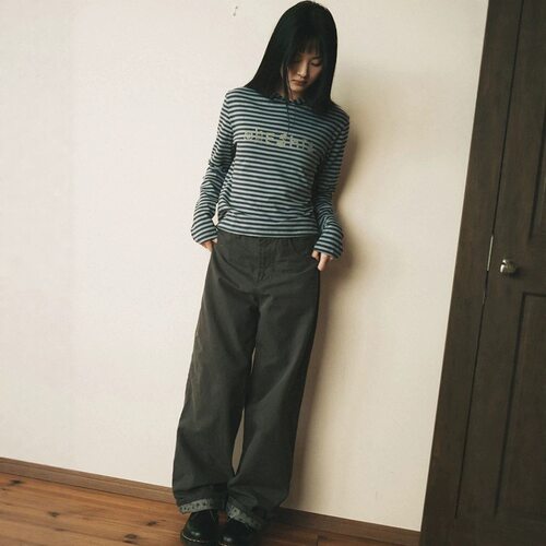 纯棉高腰裤脚翻边碎花休闲裤女秋季韩系小众轻亚直筒长裤oheshio