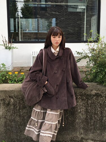 韩系纯棉日系复古灯芯绒外套女秋冬翻领双排扣宽松百搭外套女ins