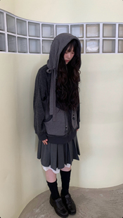 现货coyseio韩版华夫格面料拼接连帽卫衣拉链衫外套姜海粼同款ins