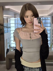 现货jiwoo崔志宇同款莫代尔撞色假两件T恤女夏季方领修身短袖上衣