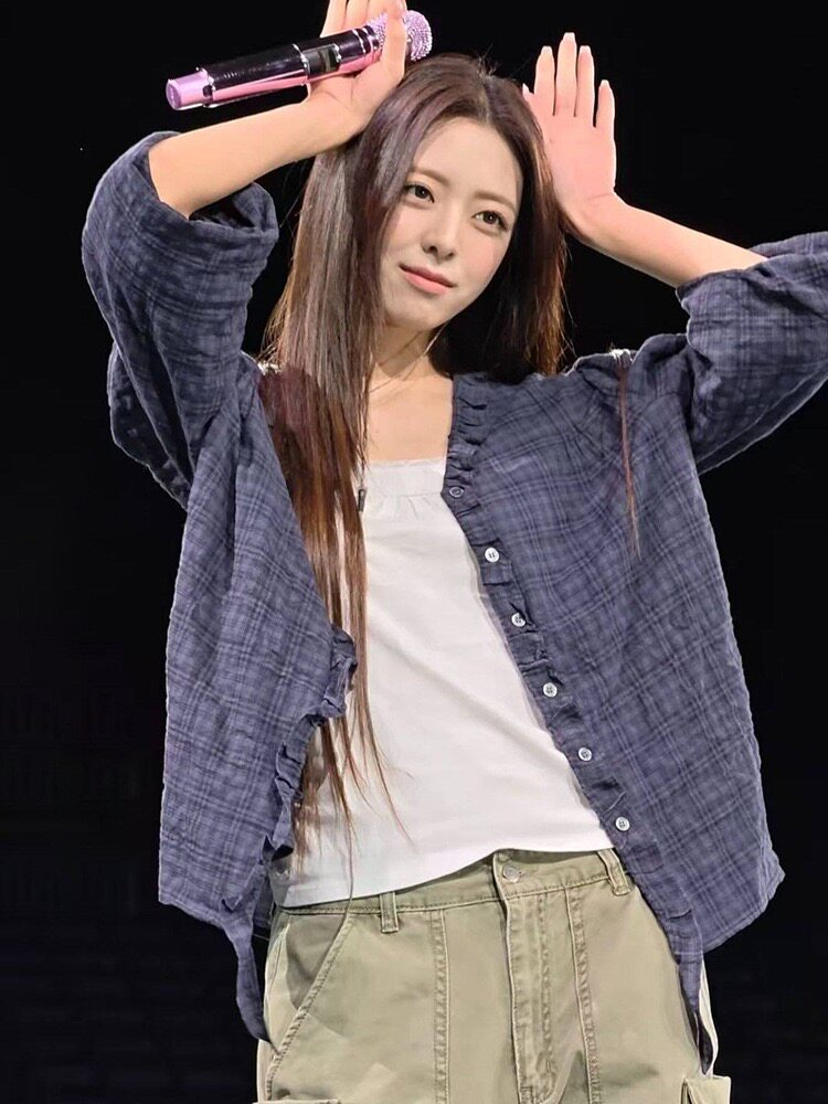 现货申有娜同款V领系带衬衫男女春秋荷叶边上衣外套withoutsummer