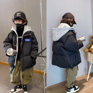 男童假两件羽绒服冬季加厚连帽新款潮90白鸭绒保暖自制款儿童冬装
