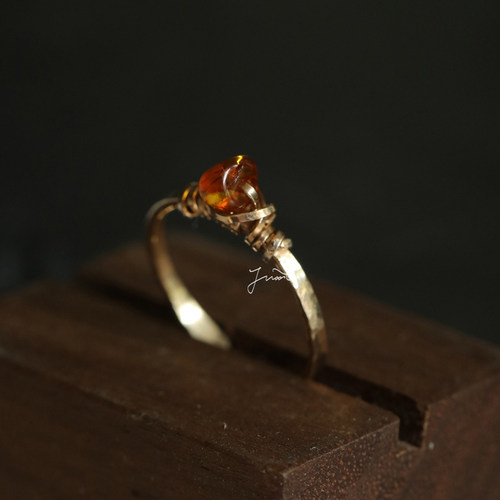 JWOO纯手工原创设计复古董美国14K注金天然琥珀宝石可调节细戒指