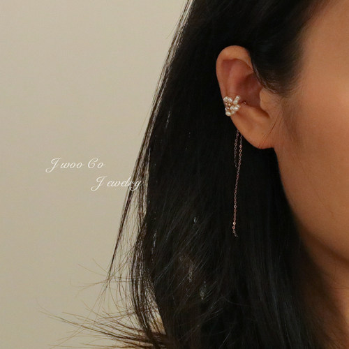 JWOO原创全手工编织天然淡水珍珠珠花美产14K注金流苏耳骨夹