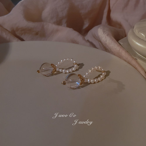 原创14k注金天然白水晶珍珠耳钉