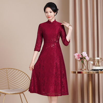 秋装蕾丝改良旗袍婚宴妈妈礼服