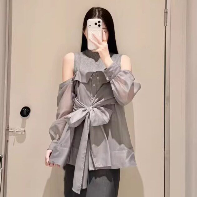 哚琦琦   日系新品无袖针织背心蝴蝶结露肩衬衫两件套