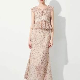 哚琦琦 日系D家法式浪漫荷叶边V领显瘦金丝上衣 和半身裙