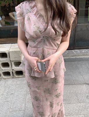 哚琦琦D家无尽夏印花收腰飞袖衬衫上衣/鱼尾半身裙套装甜美两件套