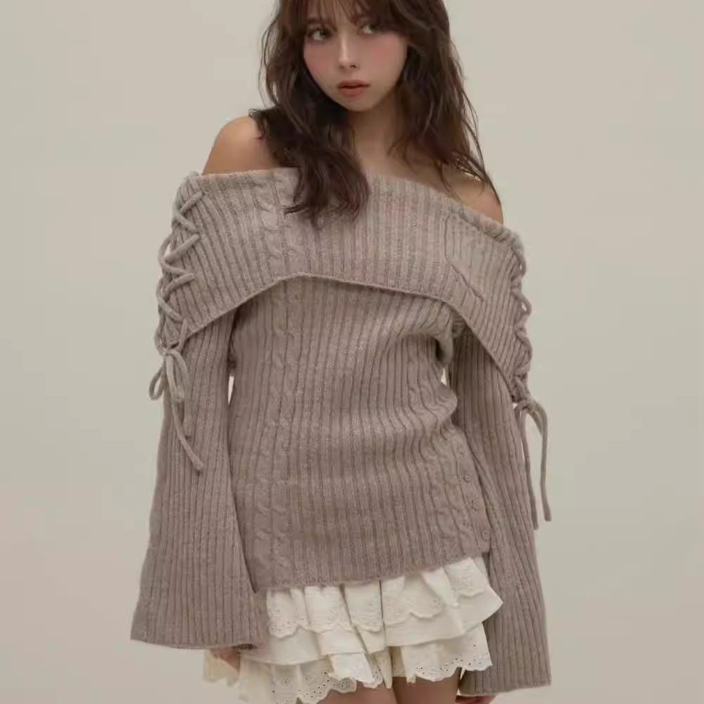 哚琦琦   日系小众甜美翻领一字肩中长款喇叭袖针织+半身裙套装