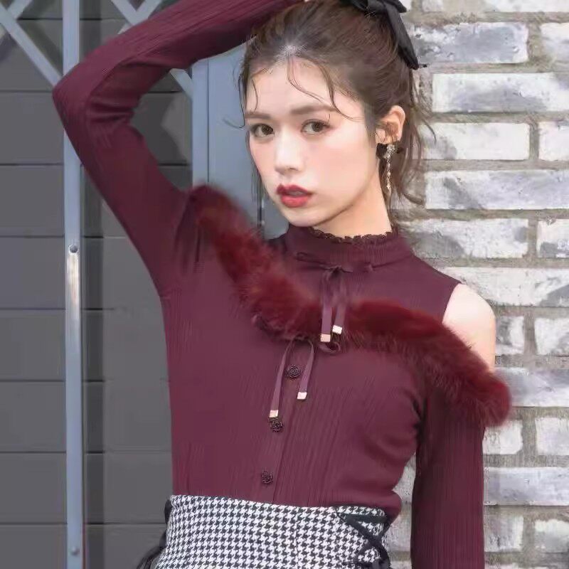 哚琦琦 清楚系日系蕾服毛茸茸甜美露肩针织毛衣上衣