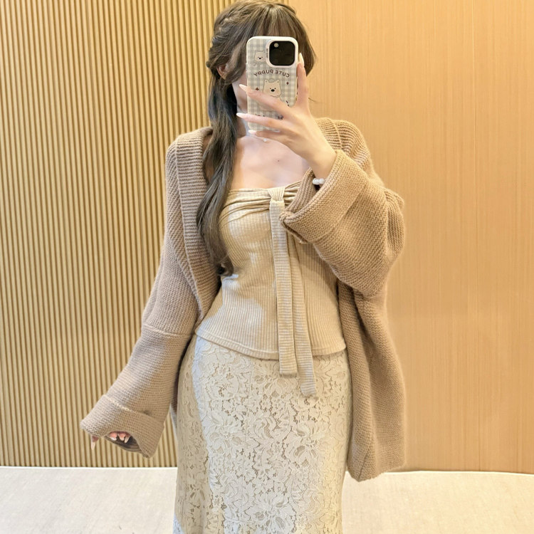 哚琦琦 2025早秋季韩系穿搭套装女毛衣开衫蝴蝶结抹胸上衣
