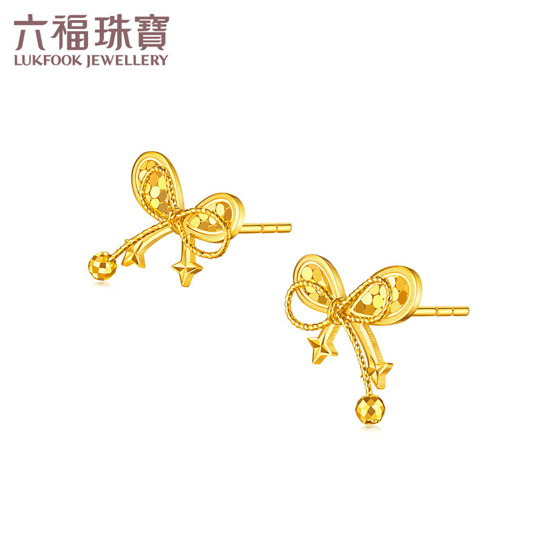 六福珠宝小仙蝶黄金耳钉耳环女新款蝴蝶结足金耳饰计价GJGTBE0012