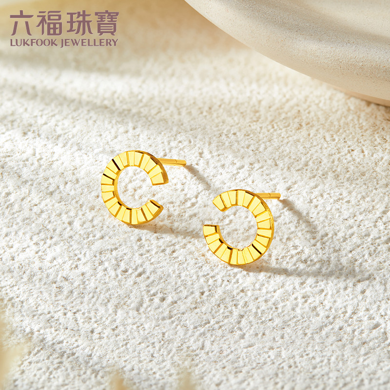 六福珠宝光面黄金耳钉耳环女款足金耳饰简约正品计价EFGTBE0003