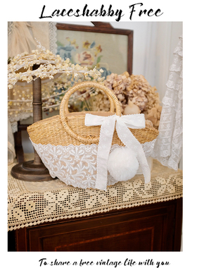 新款法式复古穿搭绝配白色此话蕾丝蝴蝶结手工编织草包篮子手拎包