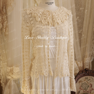 孤品 vintage中古米色爱尔兰钩花蕾丝手工毛衣开衫 外套女装 新款