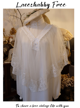 LACESHABBY新款复古风V领绣花百褶白色蕾丝旗袍披肩斗篷外搭女
