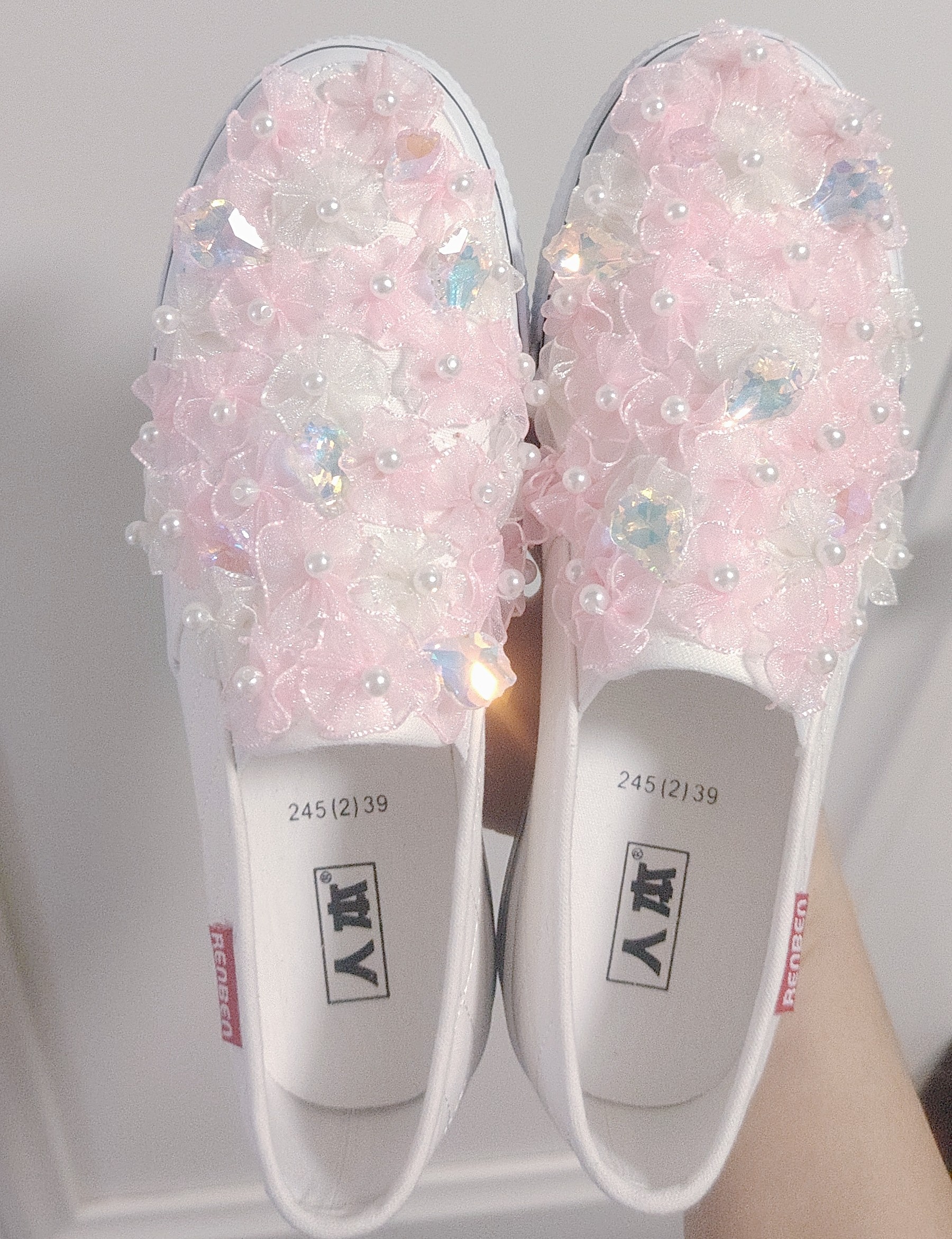 粉色一脚蹬厚底低帮帆布鞋重工水钻原创仙女鞋单鞋休闲板鞋