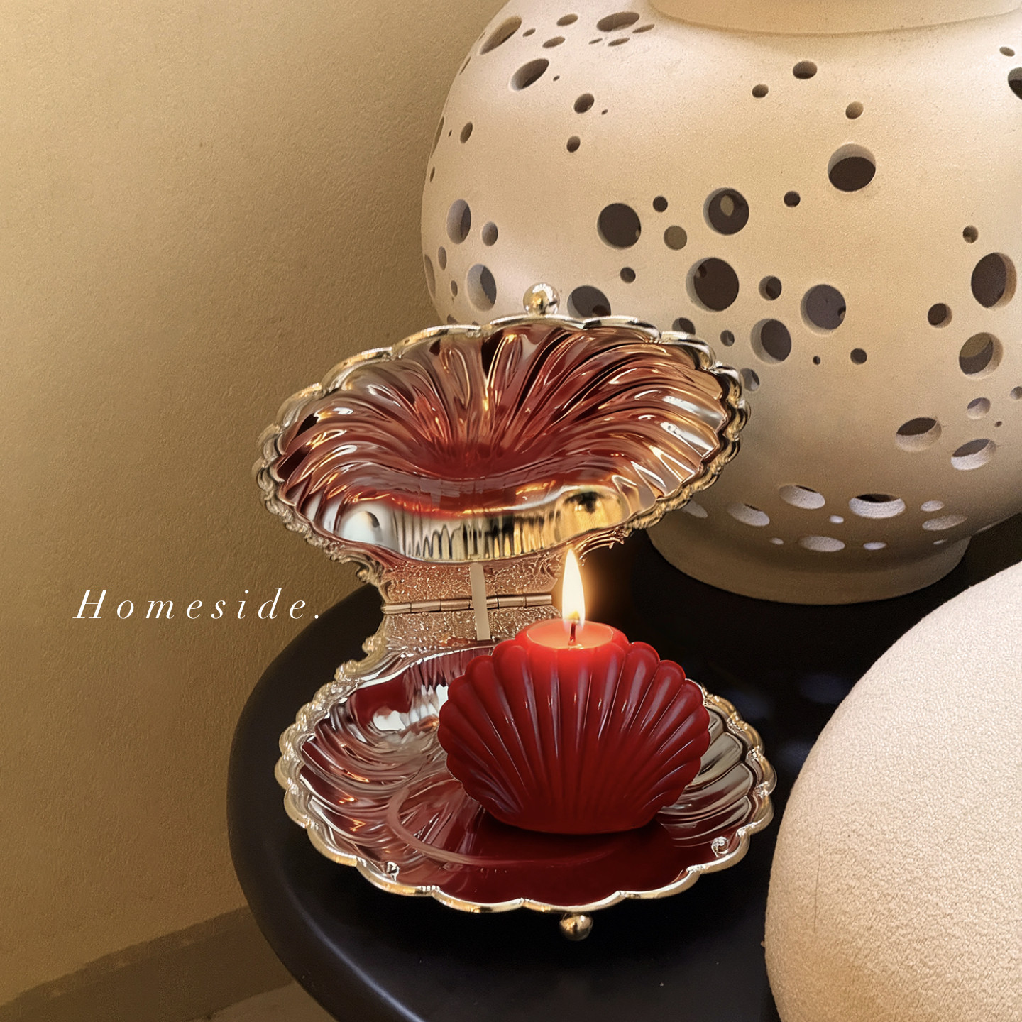 Homeside银色贝壳托盘ins复古翻盖金属收纳盒陈列装饰香薰蜡烛盘