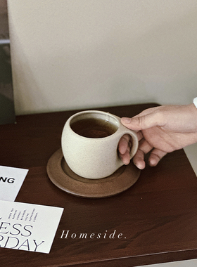 Homeside复古咖啡杯ins粗陶实木杯垫拿铁美式咖啡陶瓷马克杯水杯