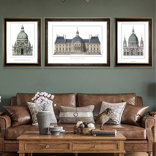 美式建筑三联沙发背景墙装饰画