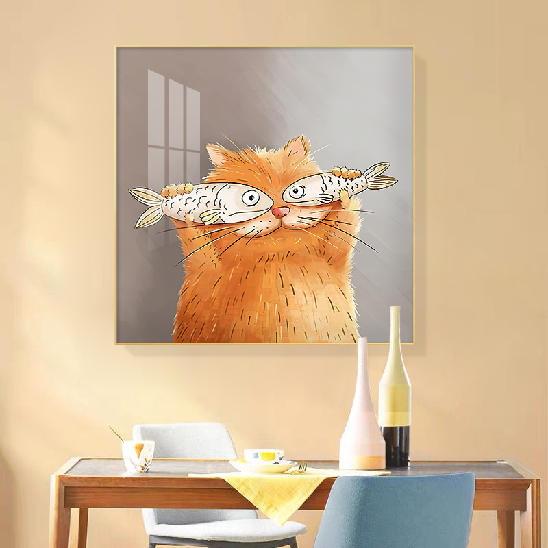 北欧猫和鱼温馨餐厅装饰画卡通创意卧室床头墙壁画简约客厅玄关画图片