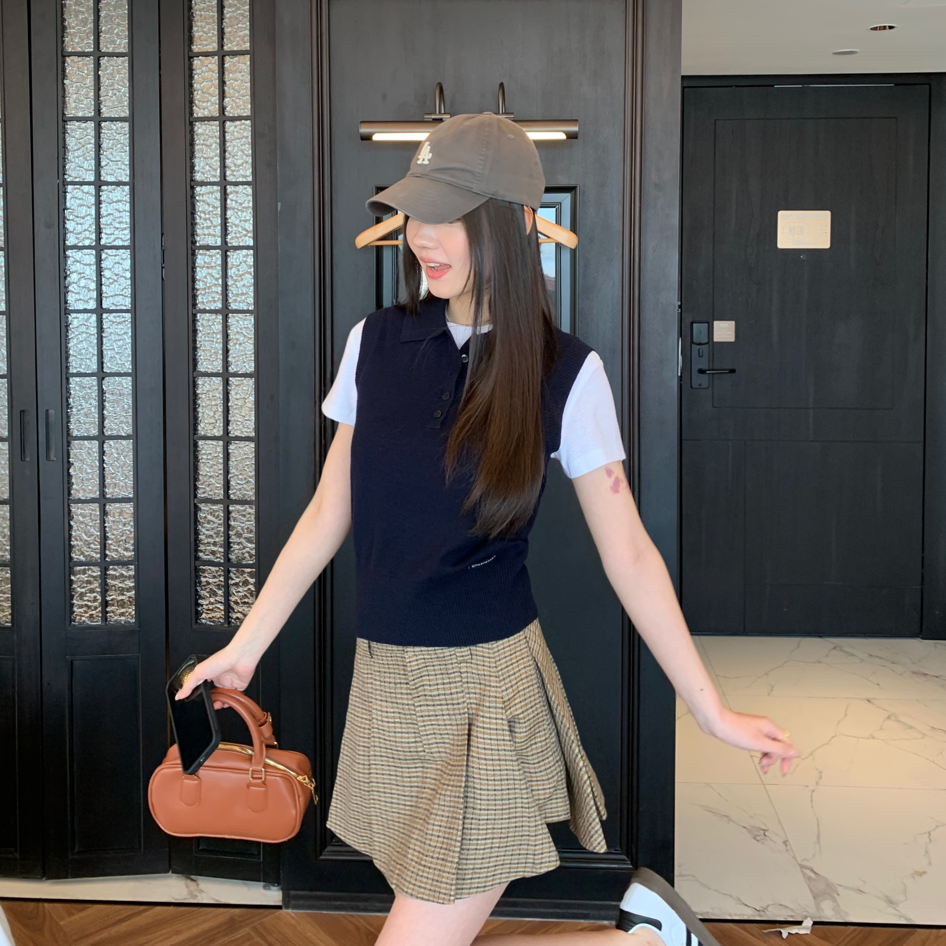 miu式减龄张元英同款学院风格纹百褶裙/针织背心两件套春夏新款女