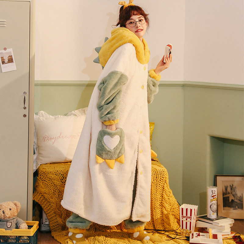 珊瑚绒睡衣女秋冬季加厚毛茸茸卡通可爱恐龙长款睡袍法兰绒家居服