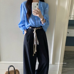 大码法式小资蓝色木耳边长袖衬衫女夏胖妹妹高级感显瘦喇叭袖上衣