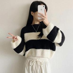 胖mm高腰针织打底衫 大码 新款 条纹短款 小个子上衣 毛衣女2024秋冬季