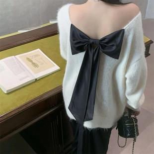 新款 女装 2024年秋冬季 大码 女 胖妹妹撞色蝴蝶结性感露背长袖 针织衫