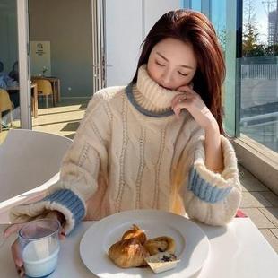 上衣 大码 高领毛衣套头针织衫 女秋冬季 胖妹妹甜美小清新慵懒风韩版
