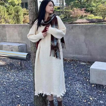 大码polo领打底裙女秋冬季新款胖妹妹长款过膝慵懒风宽松厚毛衣裙