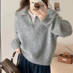 法式 大码 温柔风复古软糯针织毛衣女秋冬胖妹妹慵懒风翻领休闲上衣