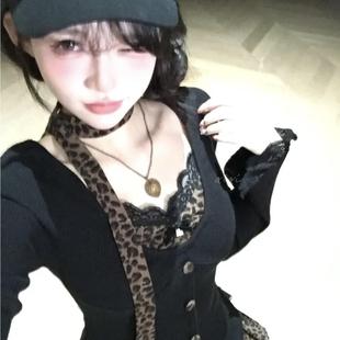 大码 胖妹妹辣妹风显瘦假两件上衣豹纹半身裙 胖mm2024秋冬季 新款
