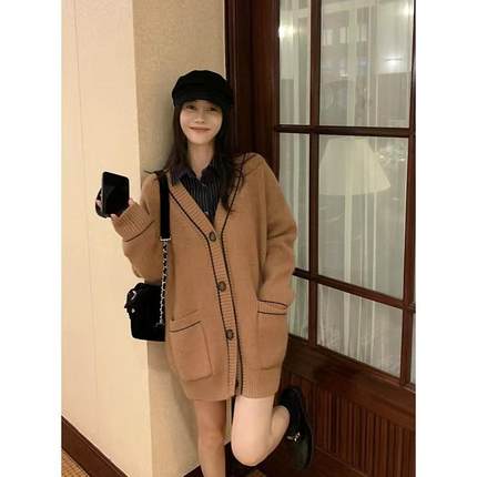 大码慵懒风针织开衫外套女秋冬季新款胖妹妹高级感宽松中长款毛衣