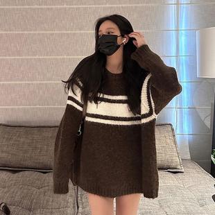 大码 针织上衣 美式 复古黑白撞色条纹毛衣女秋冬胖妹妹慵懒风中长款