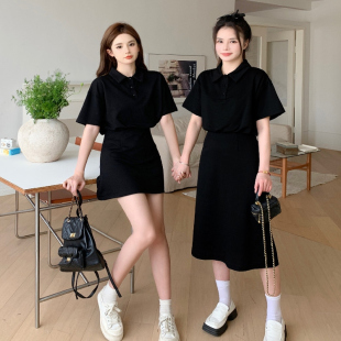 2025年大码女装夏装胖妹妹mm学院风polo领拼接假两件显瘦连衣裙女