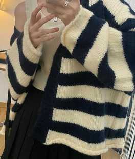 上衣女 大码 慵懒风条纹针织开衫 女秋冬季 胖mm宽松毛衣软糯中长款