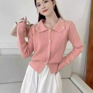 胖妹妹小香風(fēng)針織開衫 大碼 法式 甜美娃娃領(lǐng)毛衣女秋冬季 設(shè)計(jì)感上衣