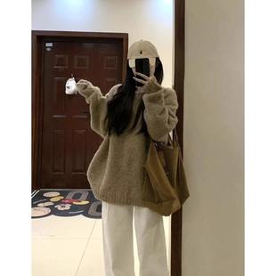美拉德穿搭圆领套头软糯毛衣女秋冬季 大码 胖妹妹慵懒风针织上衣