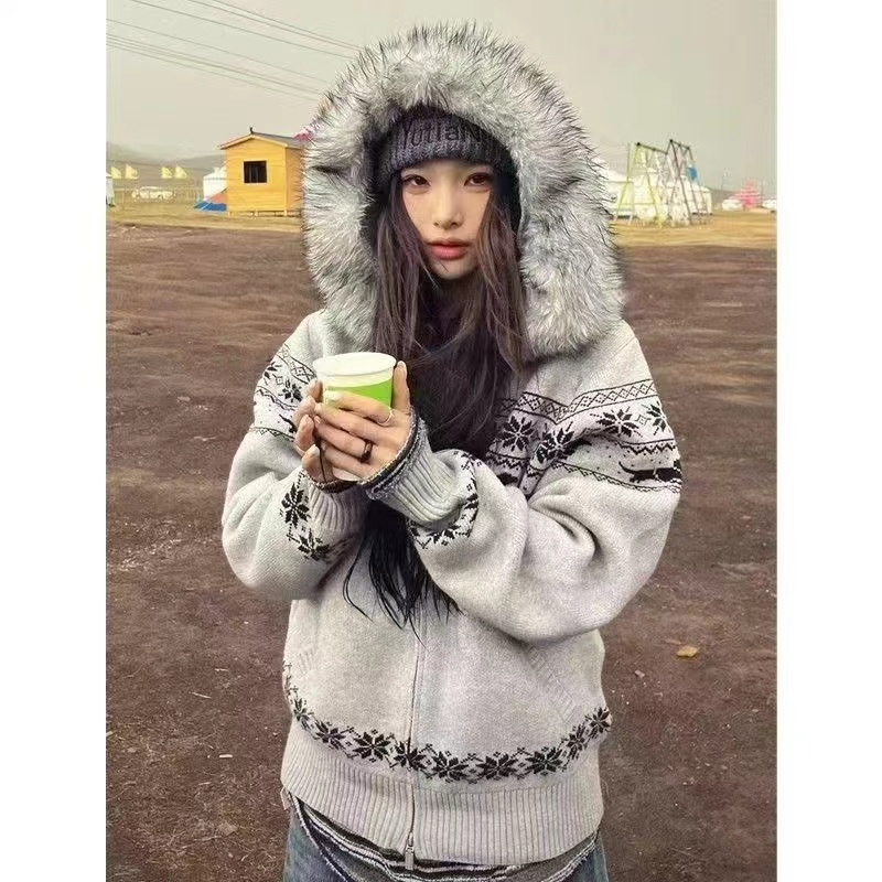 美式复古毛衣外套女秋季费尔岛毛领连帽针织开衫宽松慵懒风上衣潮