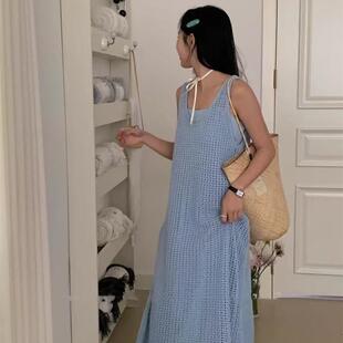 大码镂空针织背心连衣裙女夏季胖妹妹显瘦收腰海边度假风罩衫长裙