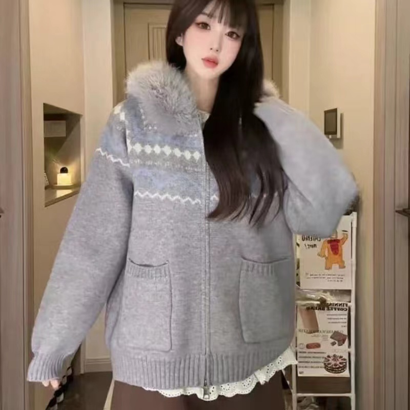 复古印花费尔岛连帽毛衣外套