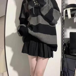 大码 慵懒风条纹毛衣女秋冬季 胖妹妹宽松日系复古学院风套头针织衫