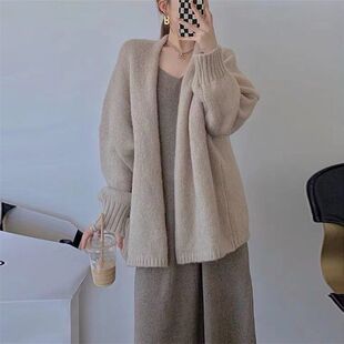 大码简约懒惰风温柔开衫宽松毛衣女秋冬季胖妹妹外穿加厚针织外套