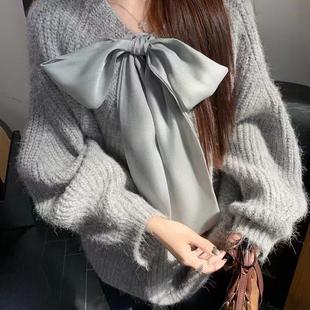 大码 法式 蝴蝶结宽松慵懒风长袖 毛衣女秋冬胖妹妹设计感纯色针织衫