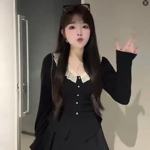 上衣 大码 女装 2024年秋冬季 胖MM设计感V领拼接木耳边气质显瘦长袖