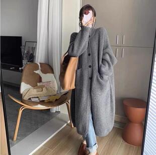 大码胖妹妹慵懒风秋冬高领毛衣女单排扣纯色针织开衫中长款外套潮