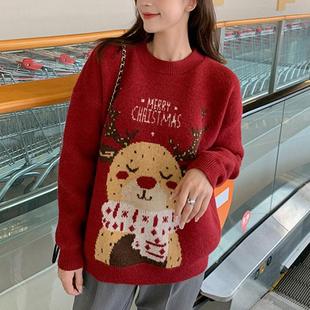 上衣 大码 圣诞红色麋鹿毛衣女秋冬新款 胖妹妹慵懒风韩版 新年针织衫
